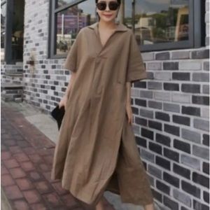 Oversized linen cotton khaki long dress in XL